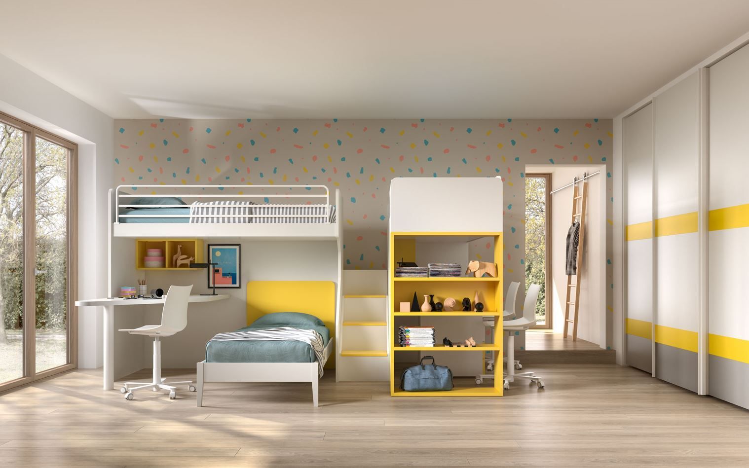 Una moderna cameretta per bambini con letto a castello, scrivania, spazio per riporre gli oggetti e armadio; colori bianco, giallo e grigio.
