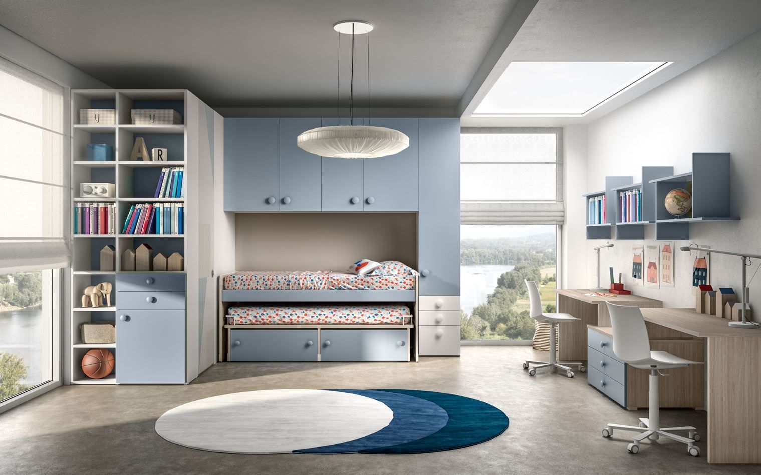 Una moderna cameretta per bambini con letto, scrivania e contenitore. Colori blu e bianco. Illuminazione naturale e luminosa.