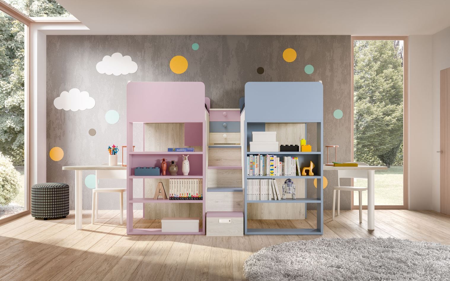 Letti a soppalco rosa e blu con mensole e scrivanie in una stanza con decorazioni murali a forma di nuvole e pois.