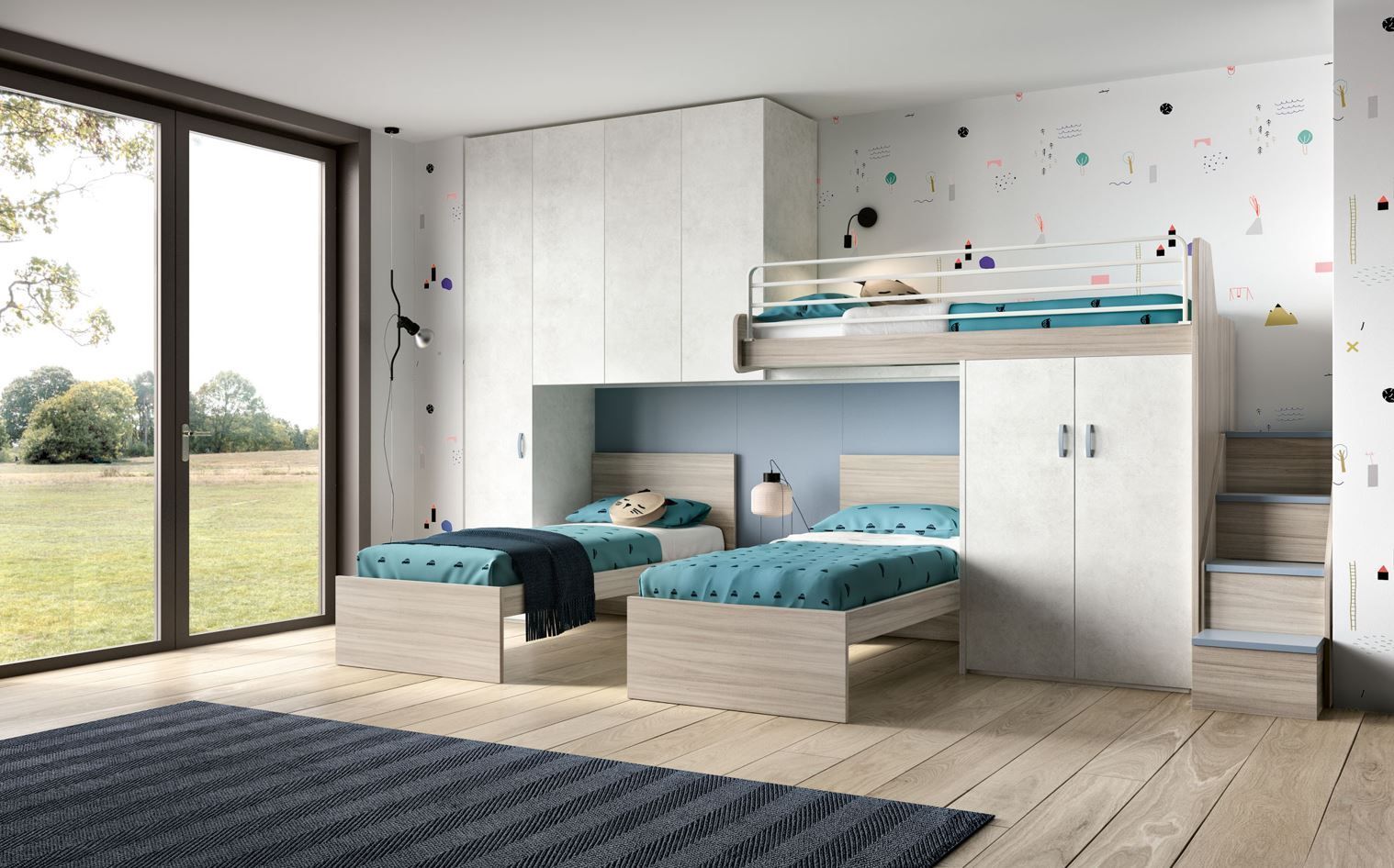 Camera da letto moderna con letto a castello e due letti singoli; dettagli in legno chiaro e verde acqua.