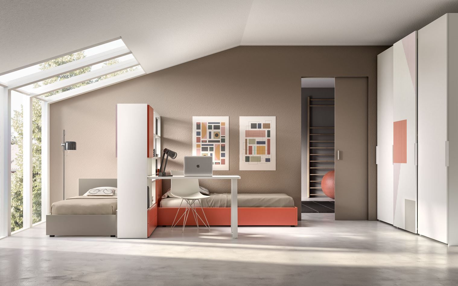 Camera da letto moderna con letto, scrivania, armadio, lucernario e opere d'arte. Combinazione di colori beige, bianco e corallo.