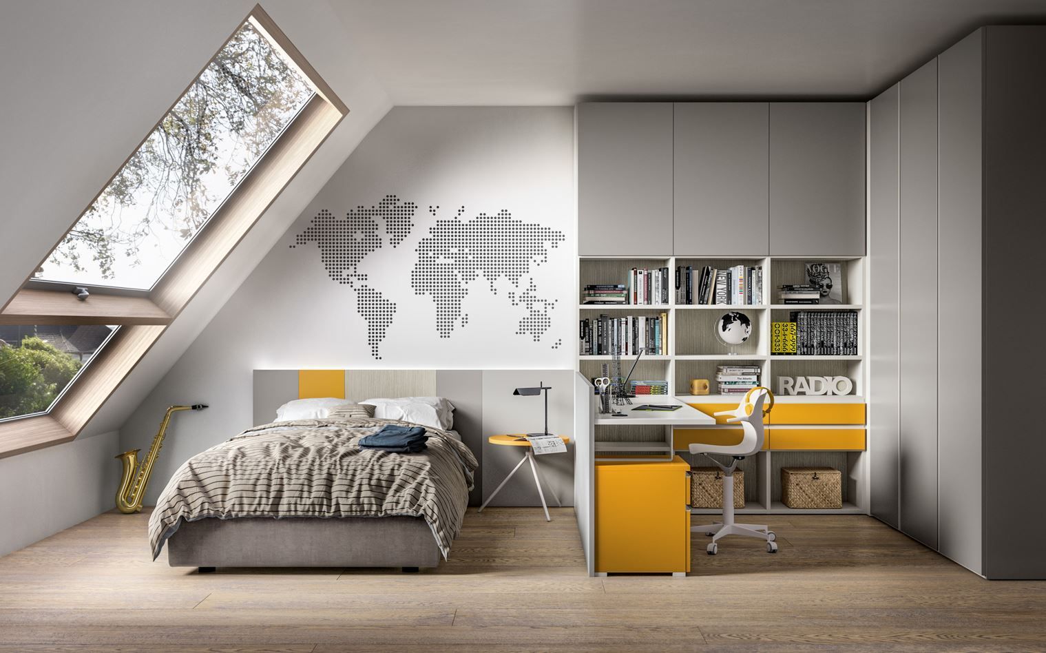 Camera da letto moderna con letto, scrivania, armadio e mappa del mondo. La luce naturale proviene da un'ampia finestra.