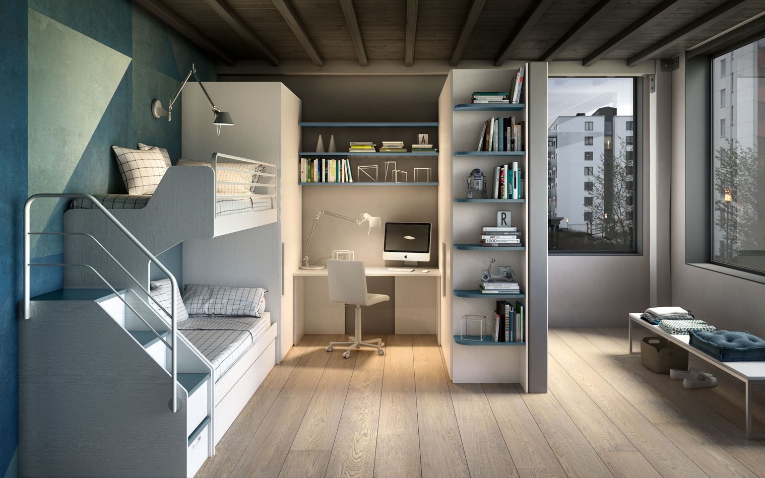 Camera da letto moderna con letti a castello, scrivania e libreria nei toni del blu chiaro e del bianco.