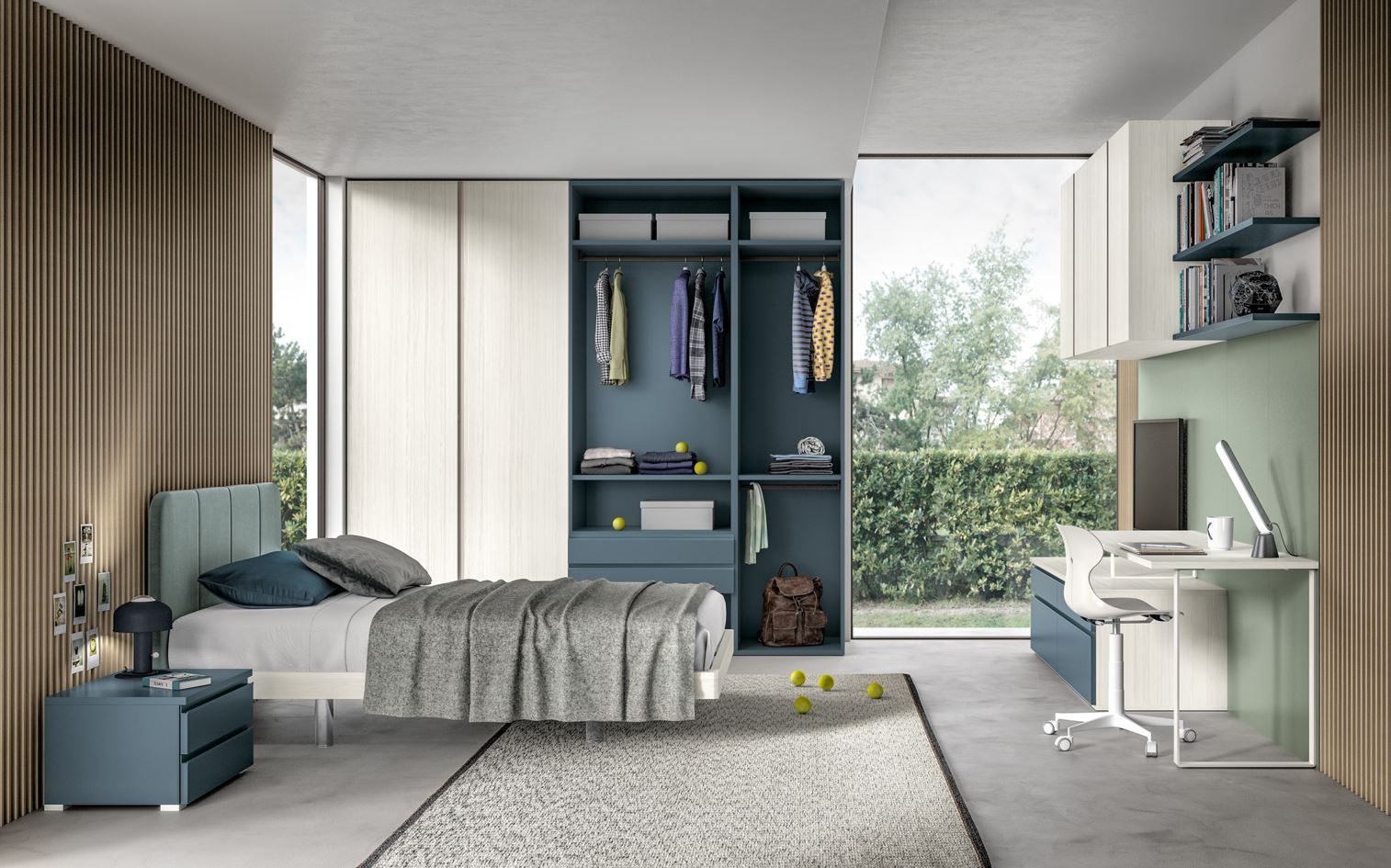 Camera da letto moderna con letto, armadio, scrivania, toni neutri con accenti blu.