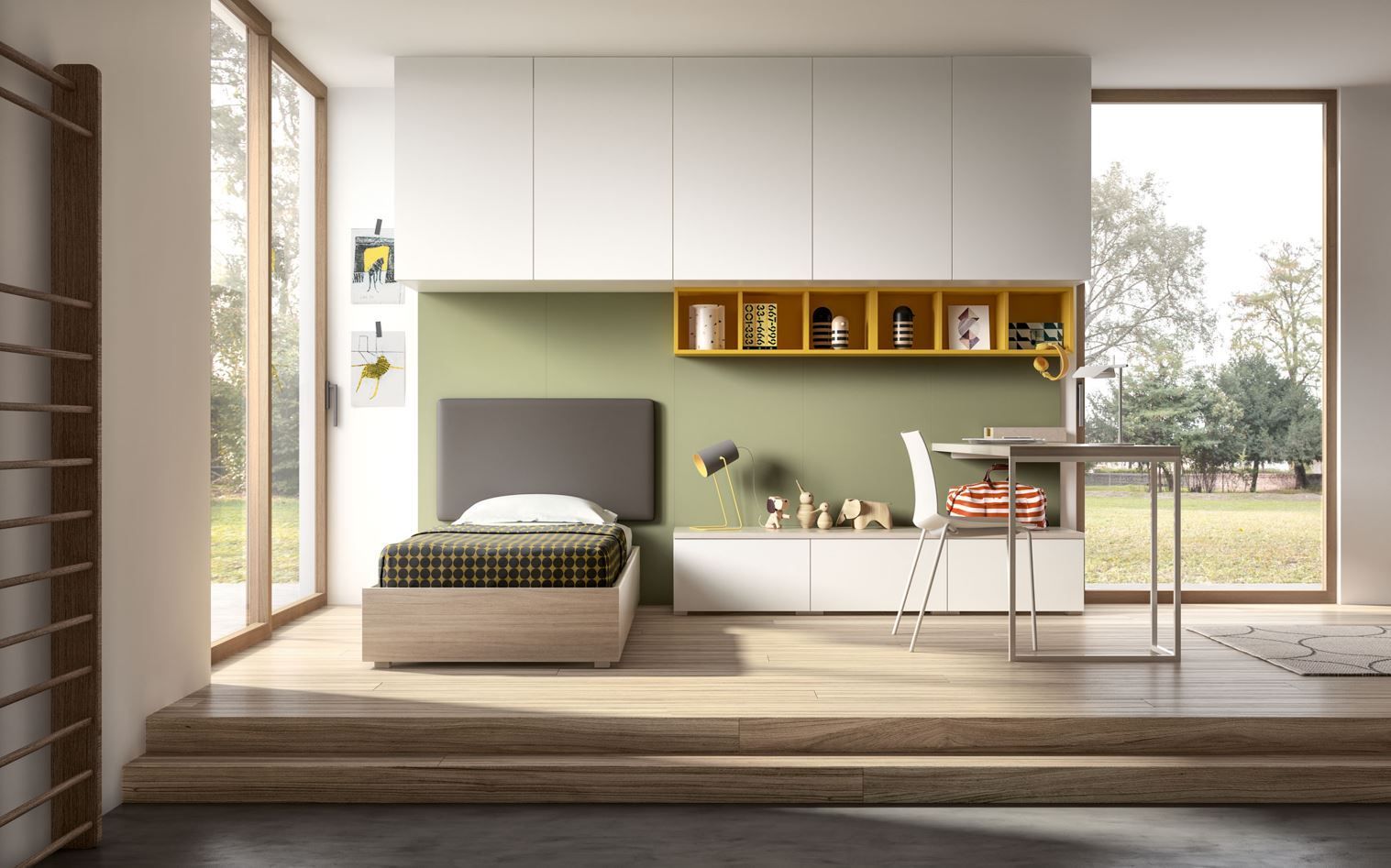 Camera da letto moderna con letto, scrivania, armadietti e ampie finestre con vista sul cortile.