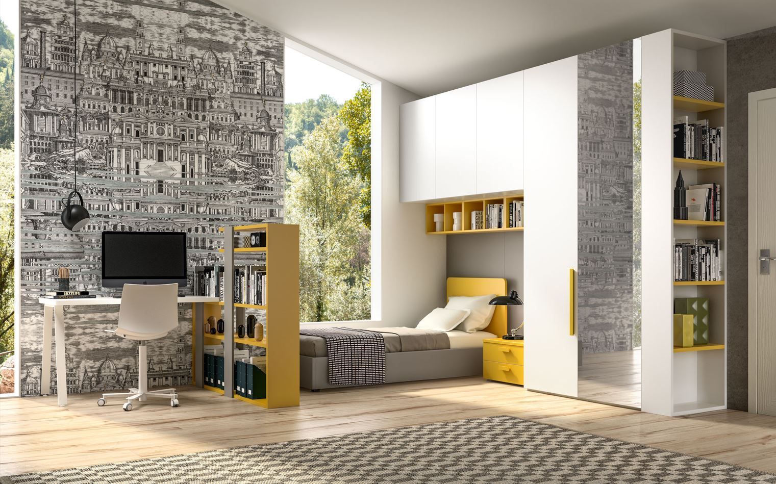 Camera da letto moderna con scrivania, letto e scaffali integrati nei toni del bianco, giallo e grigio.