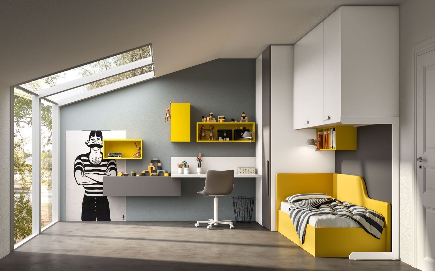 Moderna cameretta per bambini con dettagli gialli e grigi. Dispone di letto, scrivania, armadio e finestra.