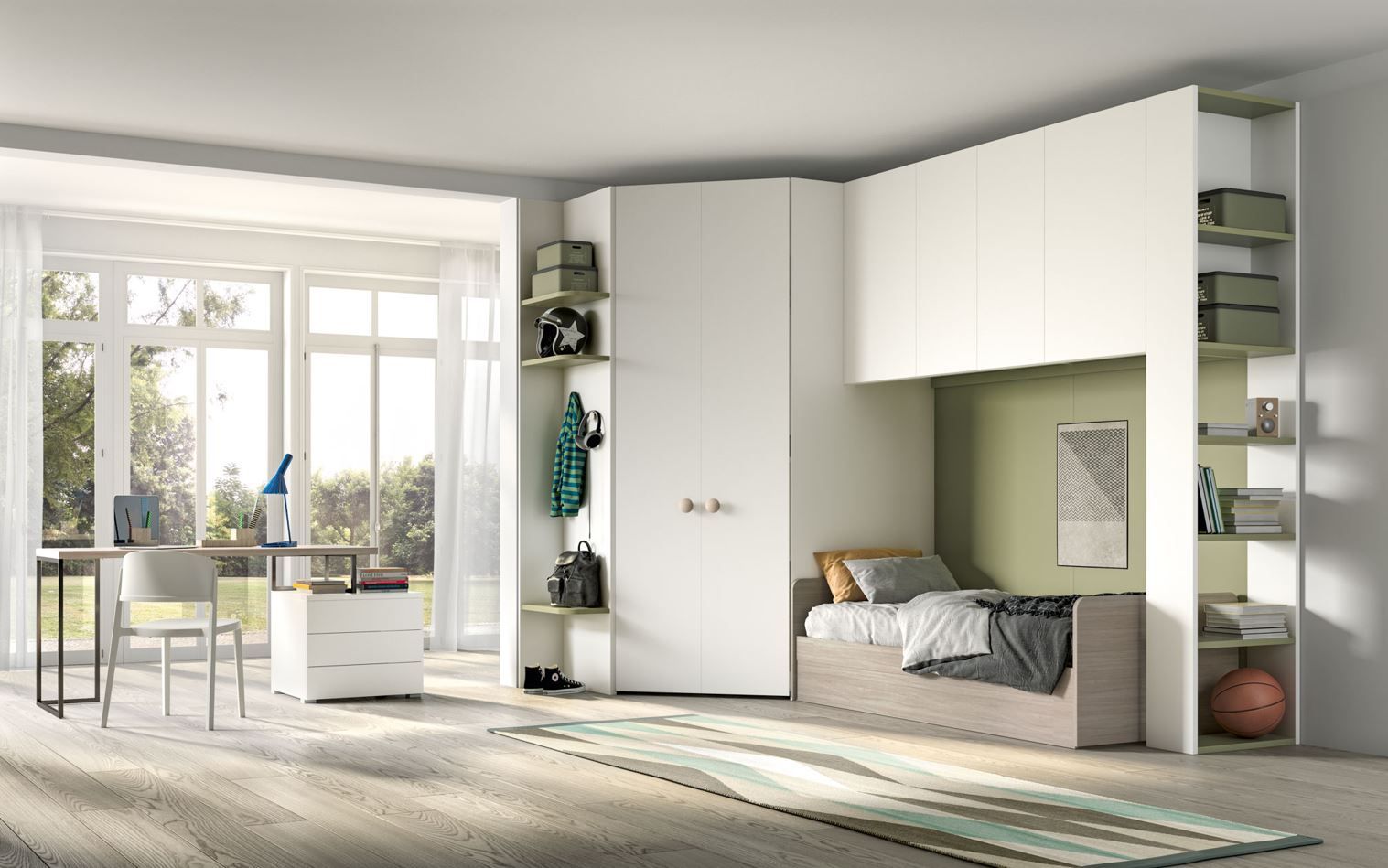 Camera da letto moderna con armadio a muro, scrivania e letto. Pareti chiare, toni neutri e un'ampia finestra.