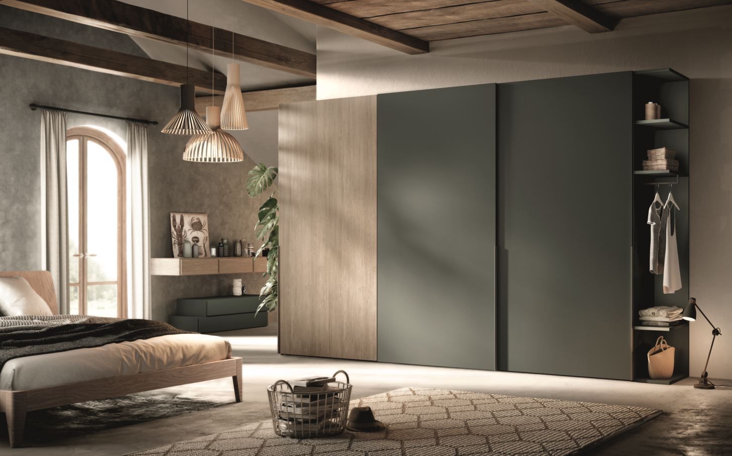 Camera da letto con armadio con ante scorrevoli, colori neutri, stile rustico, tappeto, letto, decorazioni e scaffali.