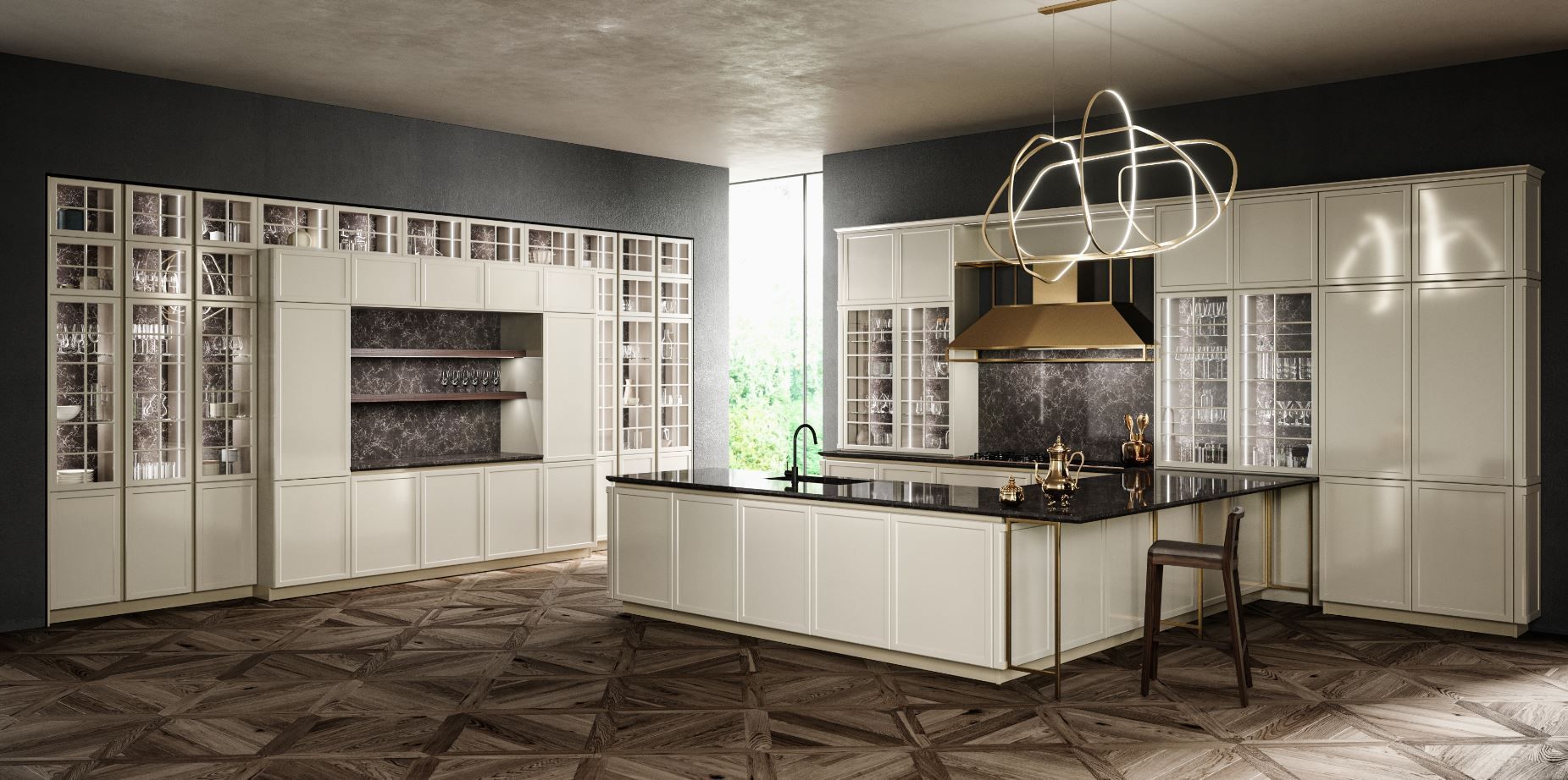 Cucina moderna Snaidero con mobili bianchi, isola e ampia finestra. Dotata di lampada decorativa e ripiani scuri.