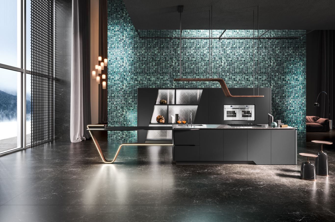 Moderna cucina nera con paraschizzi in mosaico verde acqua e vista sulle montagne.
