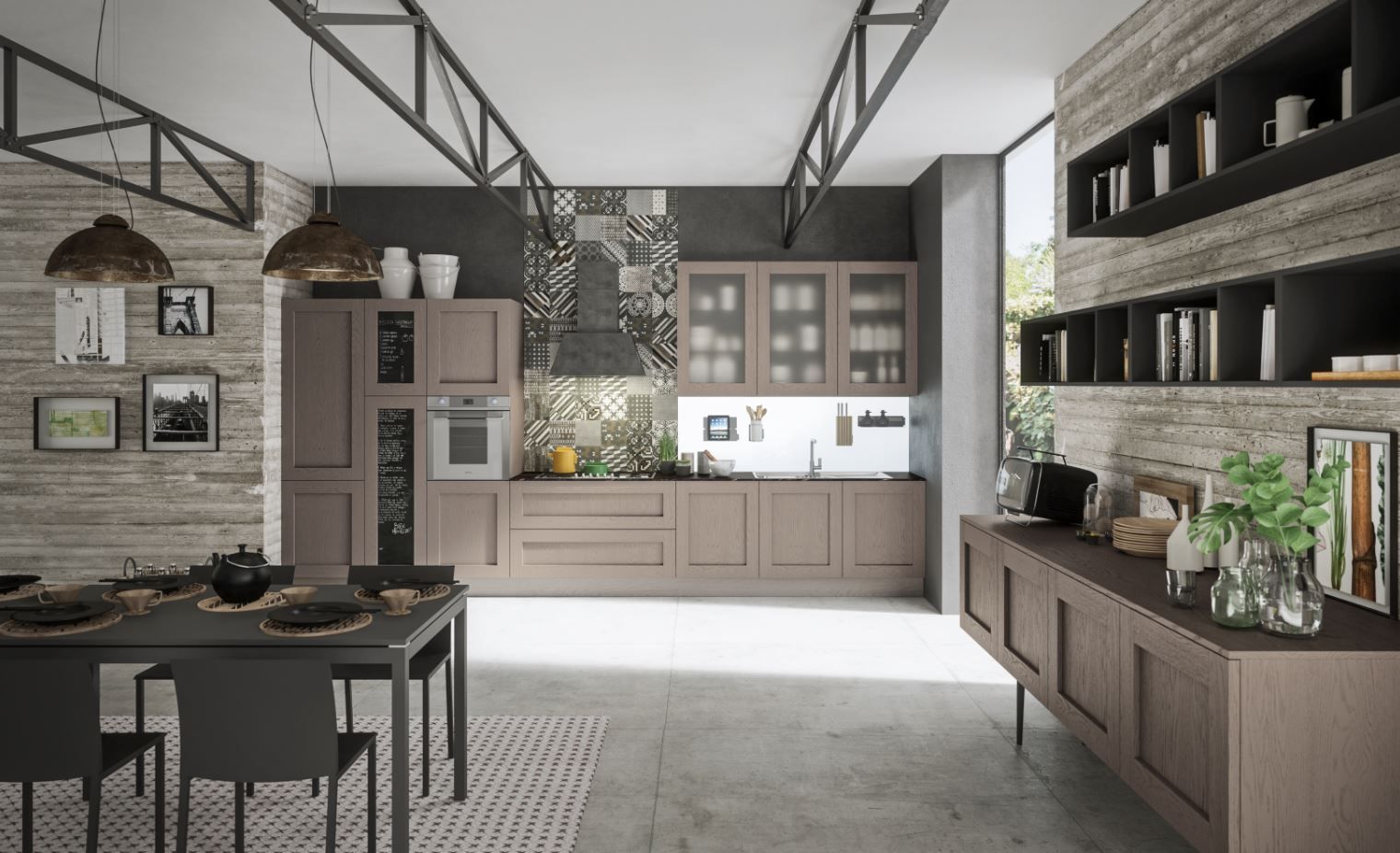 Cucina moderna con mobili in legno, pavimento in cemento, tavolo da pranzo e scaffalature integrate.