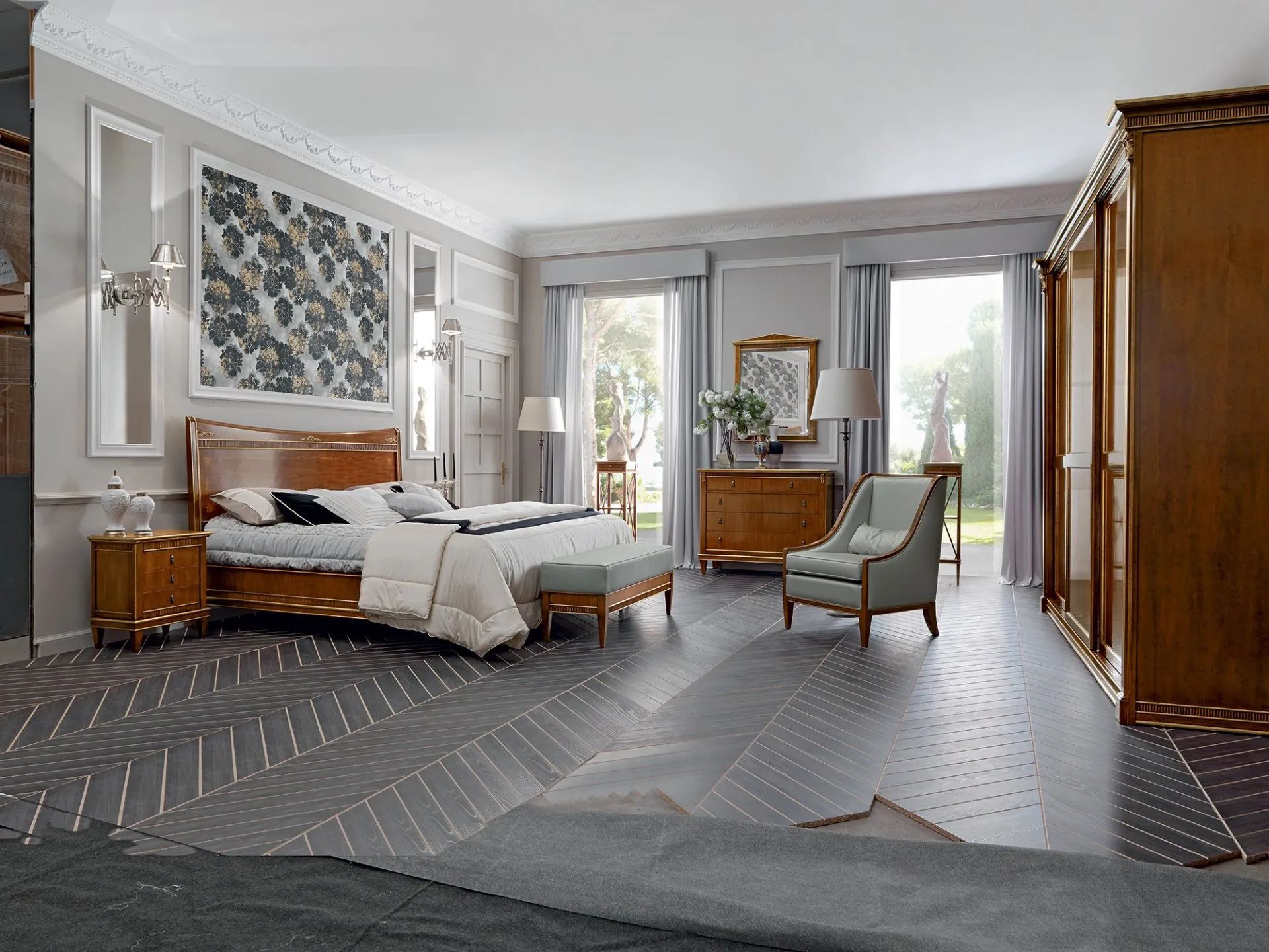 Elegante camera da letto con mobili in legno, lampadario e opere d'arte moderna.