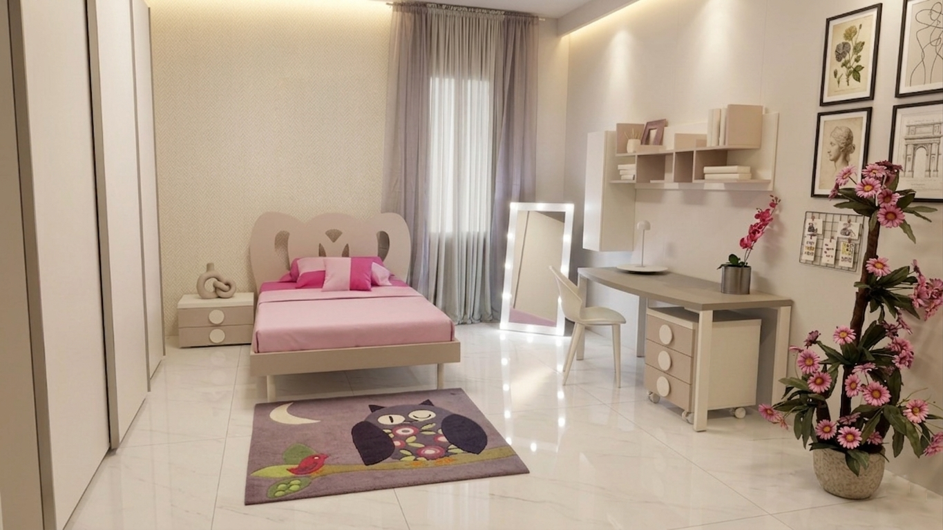 Camera da letto con letto, scrivania e tappeto a forma di gufo; decorazioni rosa e grigie.