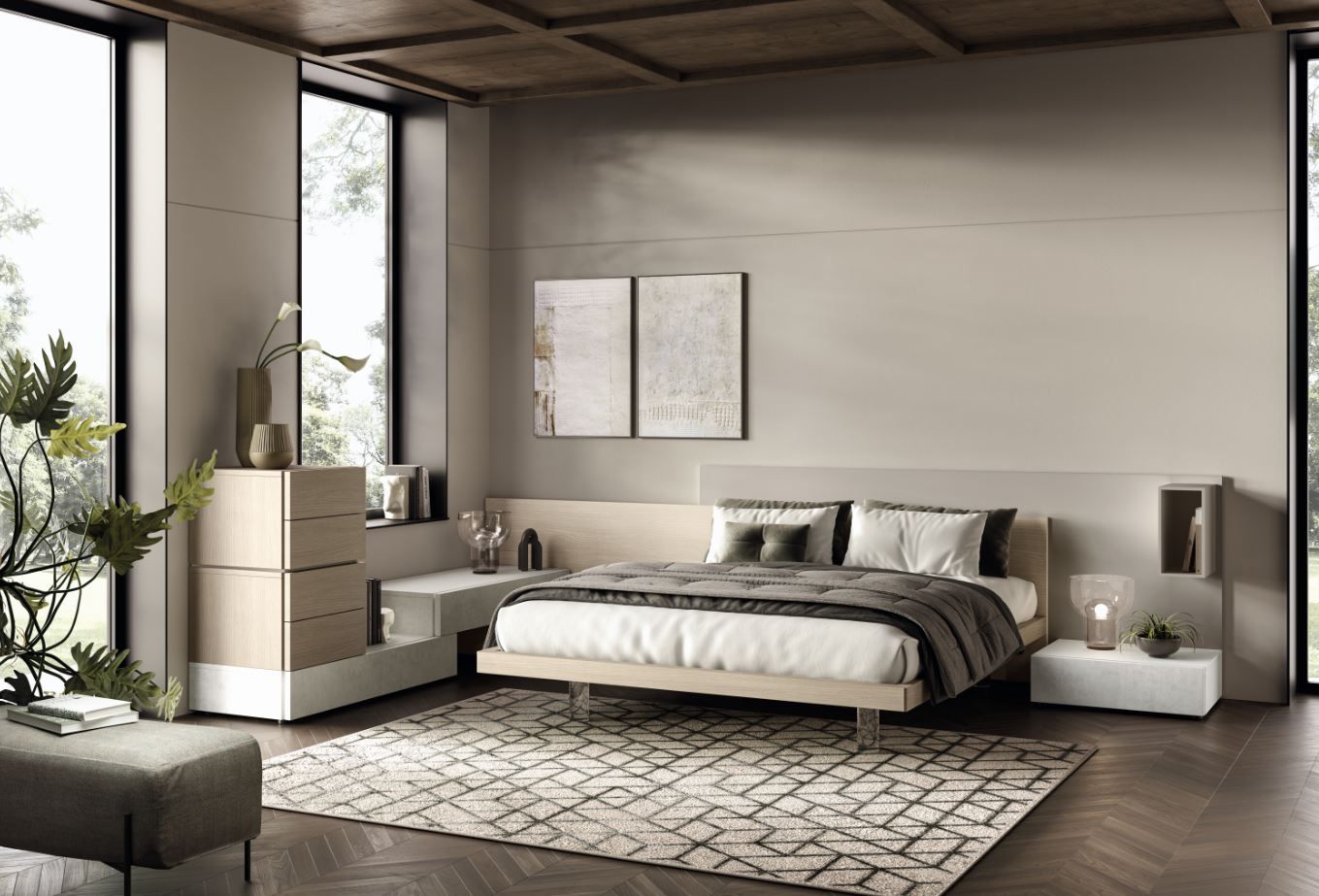 Camera da letto con letto, comodini, tappeto e ampie finestre. I toni neutri e la luce naturale creano un'atmosfera serena.