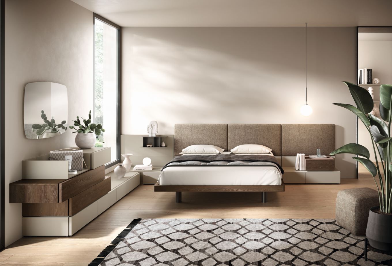 Camera da letto moderna con toni neutri, letto a piattaforma, cassettiera, specchio, tappeto e pianta.