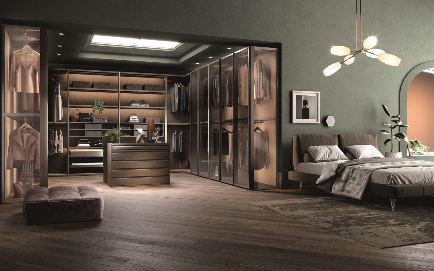 Camera da letto di lusso con cabina armadio, pareti verde oliva, pavimenti in legno, mobili moderni e illuminazione elegante.
