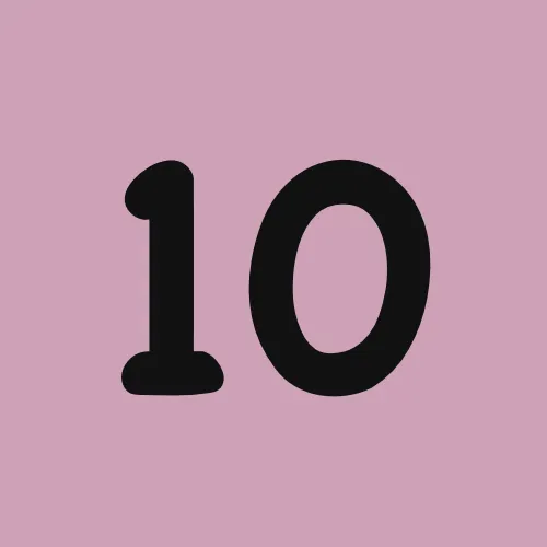 The number 10 is black on a pink background.