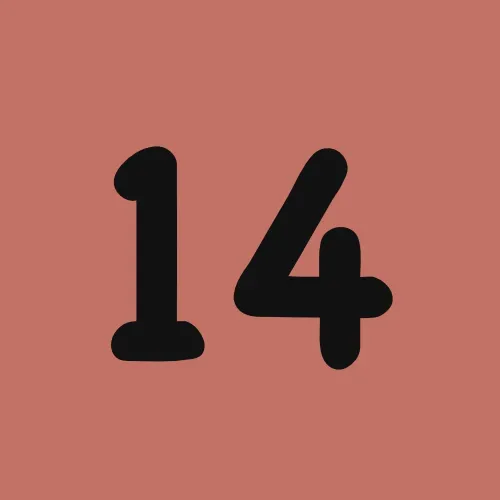 The number 14 is on a pink background.