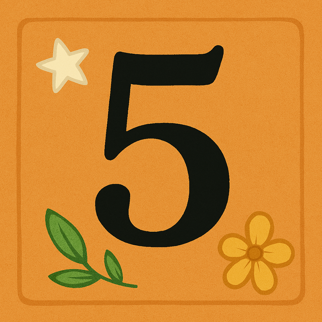 The number five is surrounded by leaves and a flower.