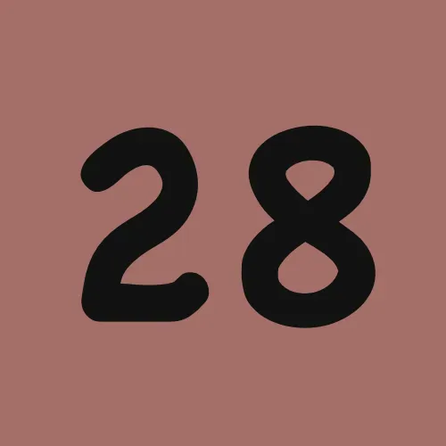 The number 28 is on a pink background