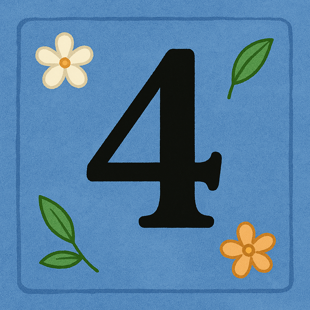 The number four is on a blue background with flowers and leaves.