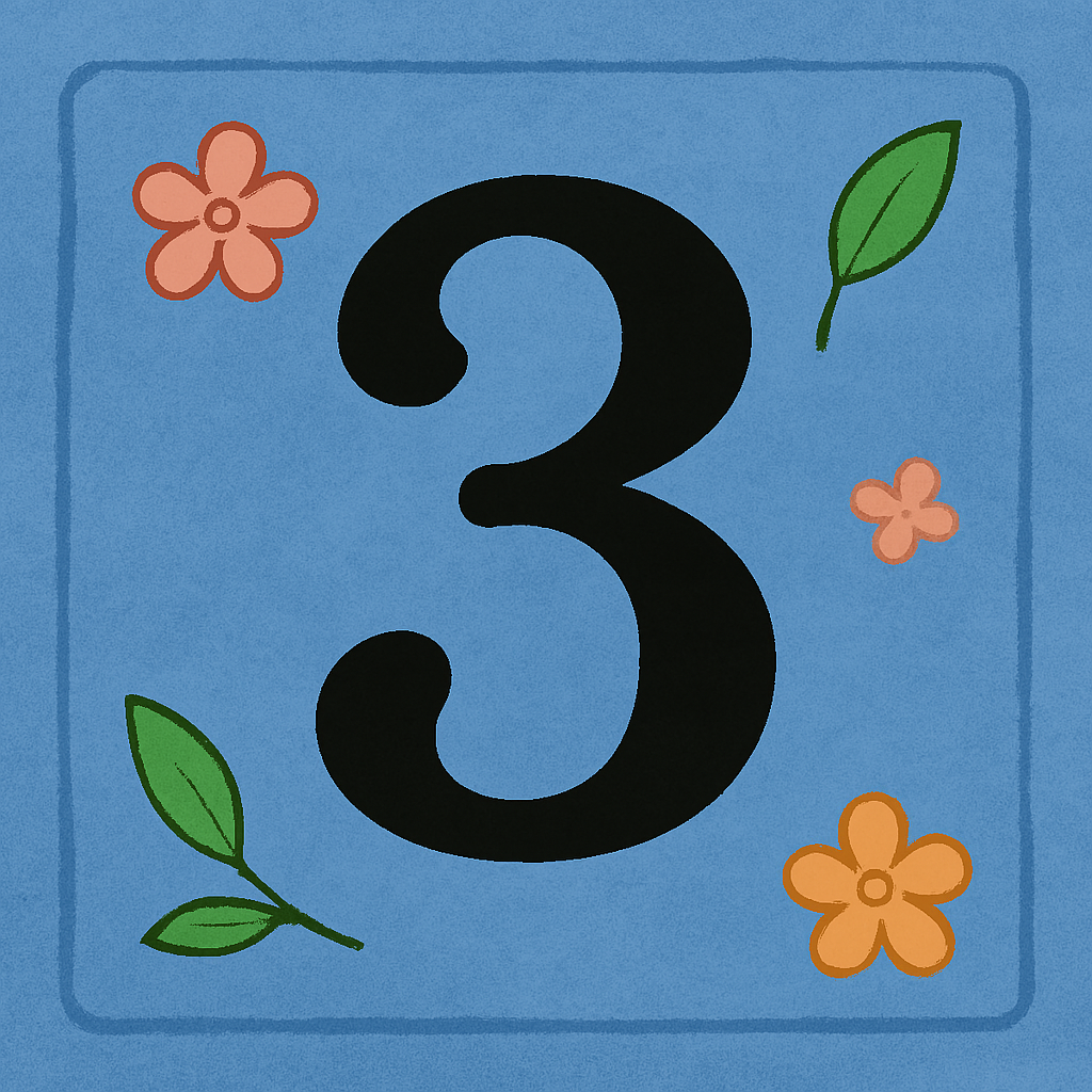 The number three is surrounded by flowers and leaves on a blue background