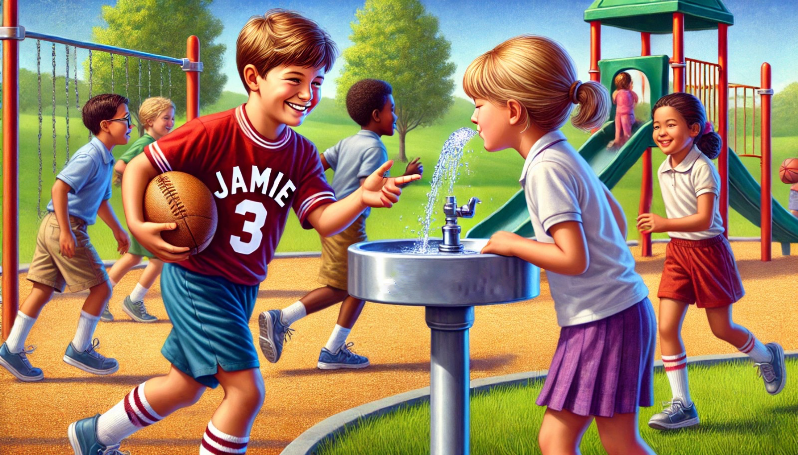 A boy wearing a jersey that says jamie 3 is talking to a girl at a water fountain.