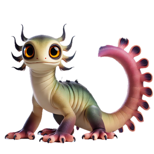 A cartoon lizard with a long tail is standing on a white background.