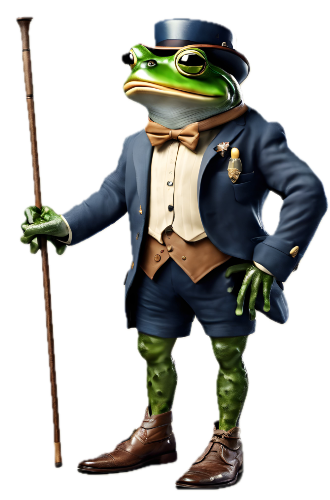 A frog in a suit and top hat is holding a cane