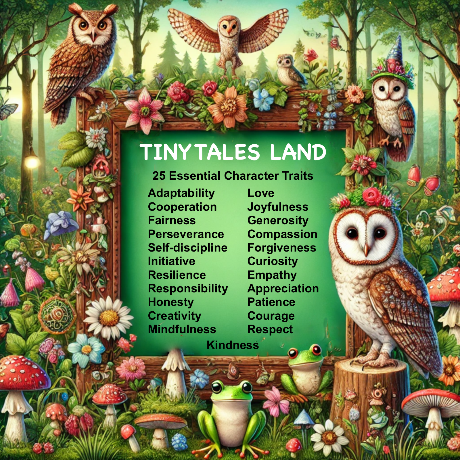 A tiny tales land poster with owls and frogs
