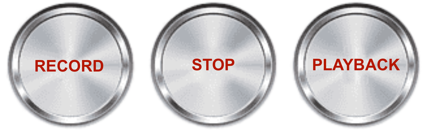 Three buttons with the words record stop and playback on them