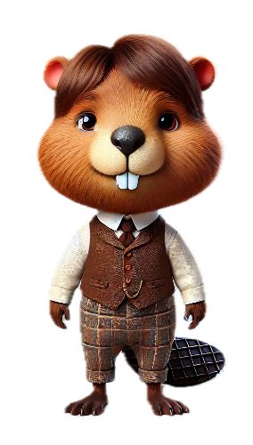 A cartoon beaver wearing a suit and tie is standing on a white background.