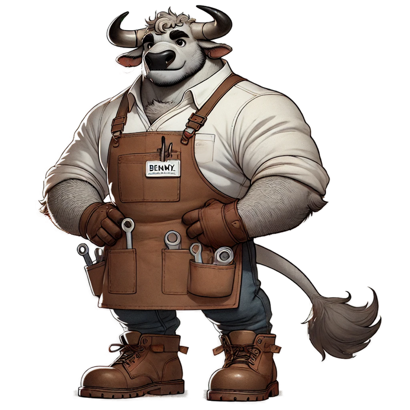 A cartoon of a bull wearing an apron and holding tools.