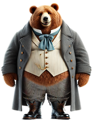 A brown bear is wearing a suit and coat
