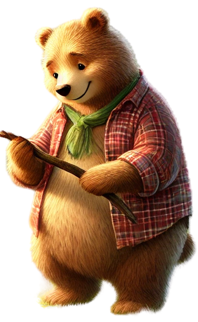 A teddy bear wearing a plaid shirt and scarf is holding a stick.