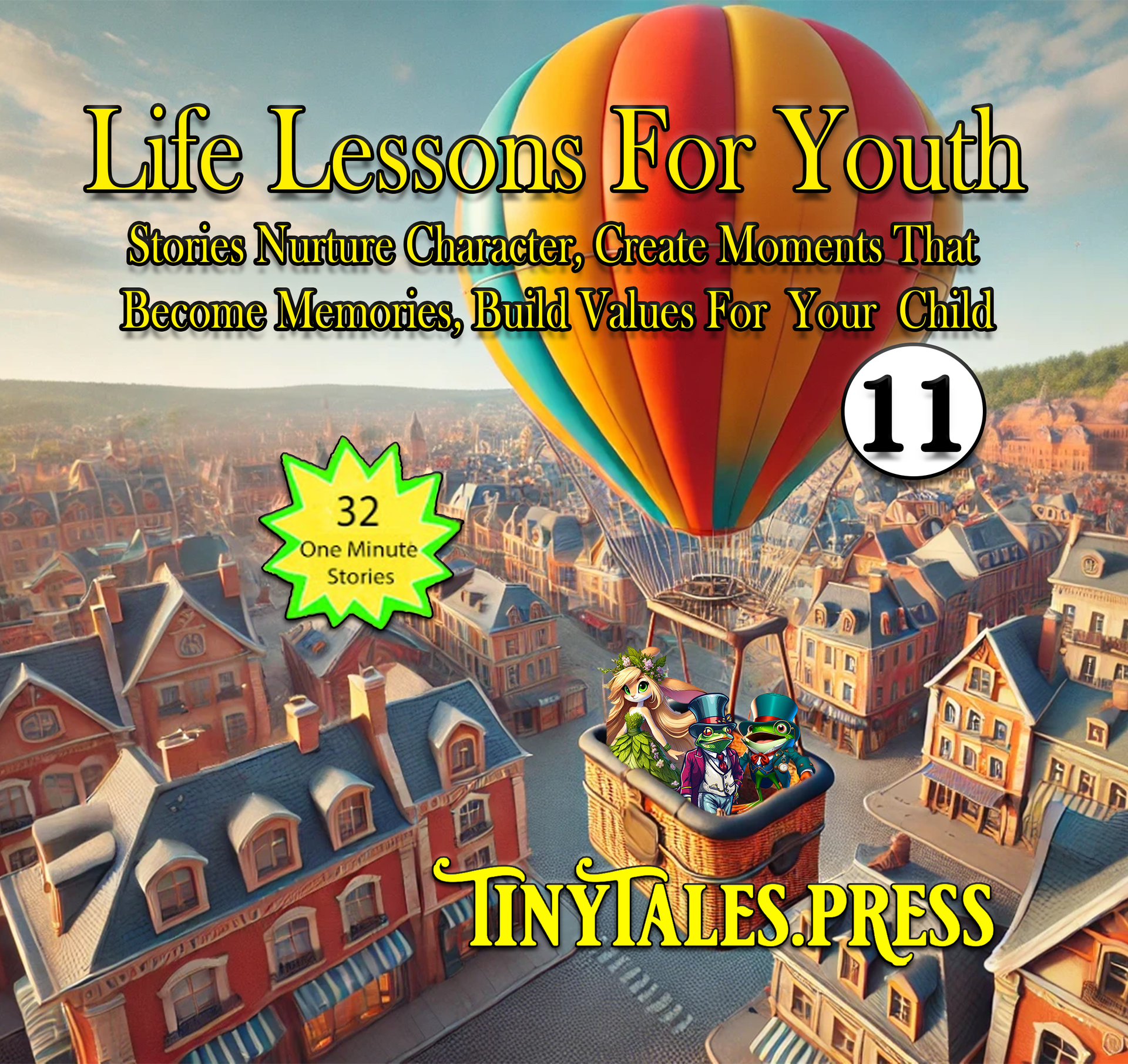 A book called life lessons for youth features a hot air balloon flying over a city