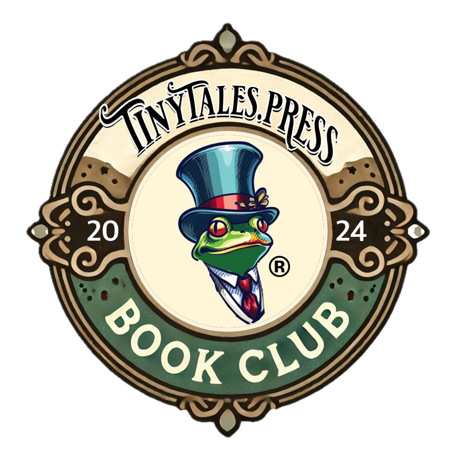 The logo for tinytales press book club has a frog wearing a top hat and tie.