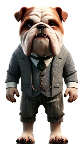 A bulldog wearing a suit and tie is standing on a white background.
