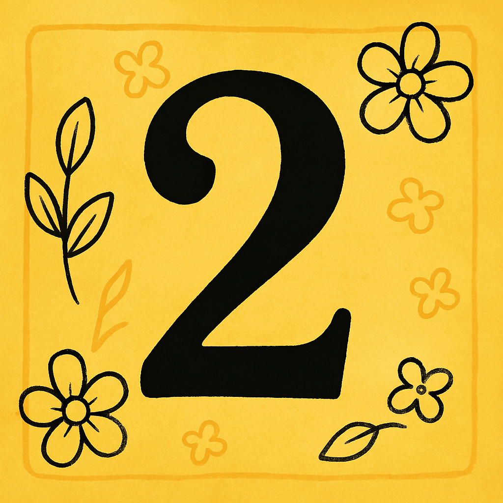 The number two is surrounded by flowers and leaves on a yellow background.