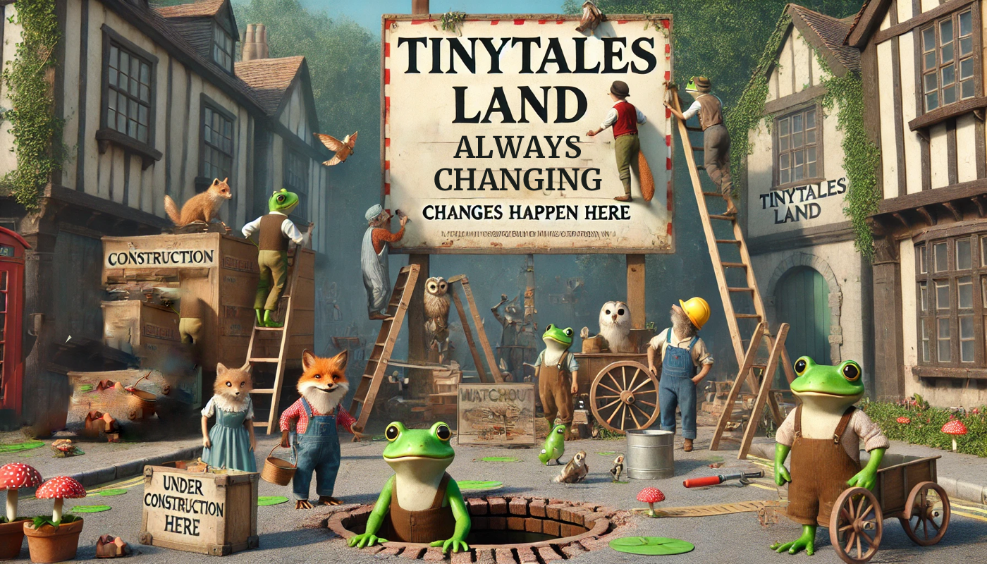 A sign that says tinytales land always changing changes happen here
