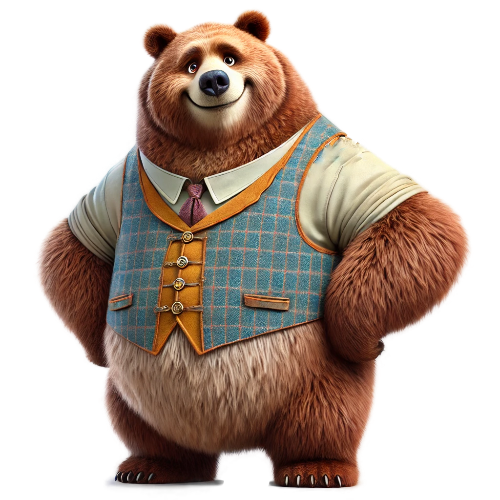 A cartoon bear wearing a vest and tie