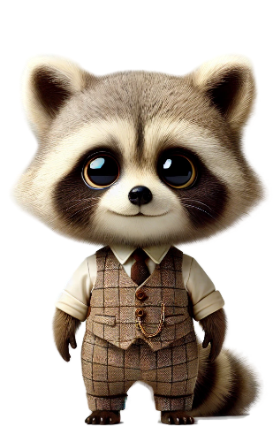 A raccoon wearing a suit and tie is standing on a white background.