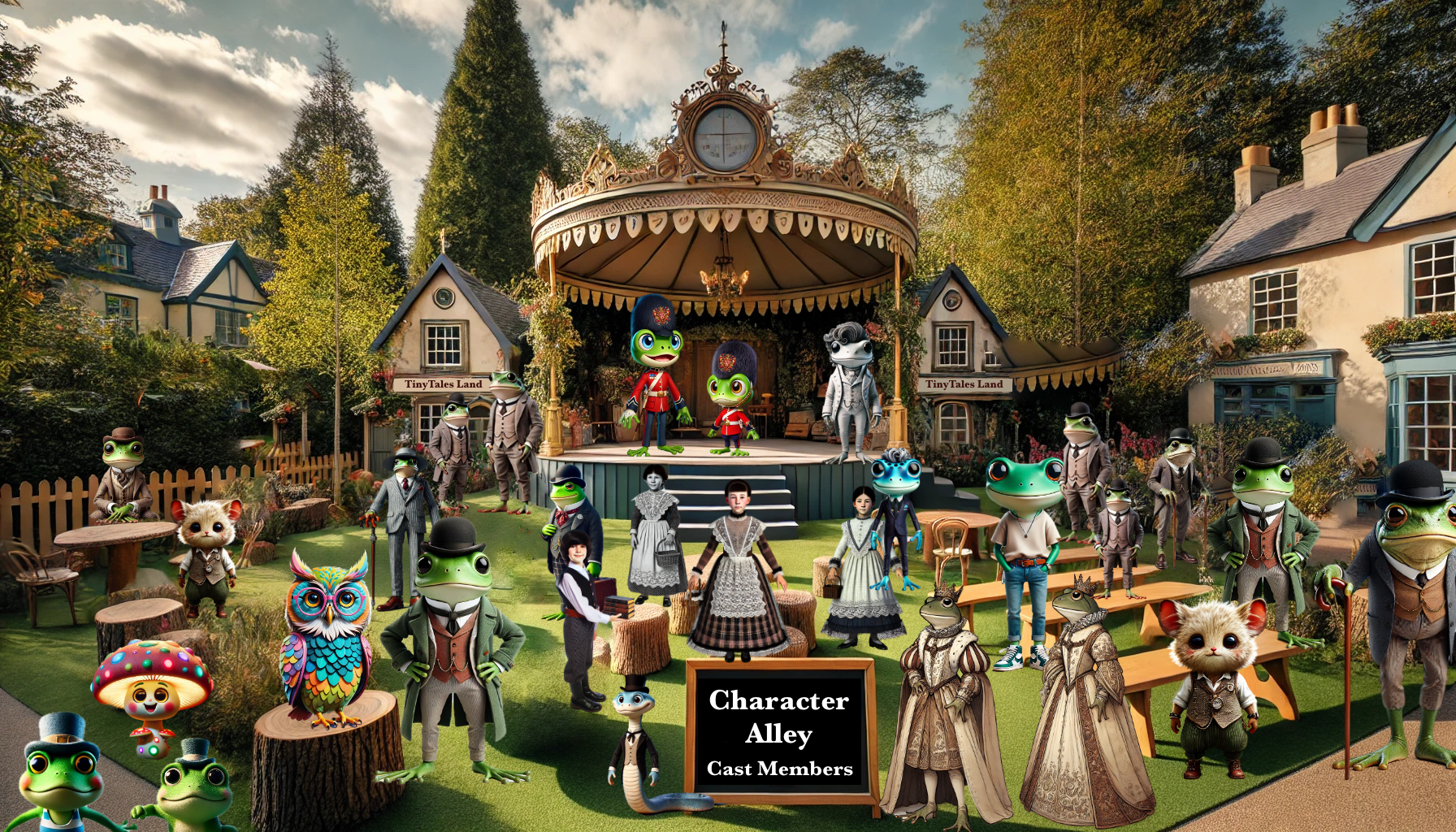 A group of frogs are standing around a carousel in a park.