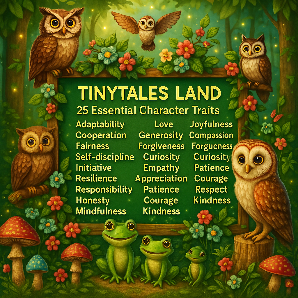 A poster with owls and frogs on it that says tinytales land