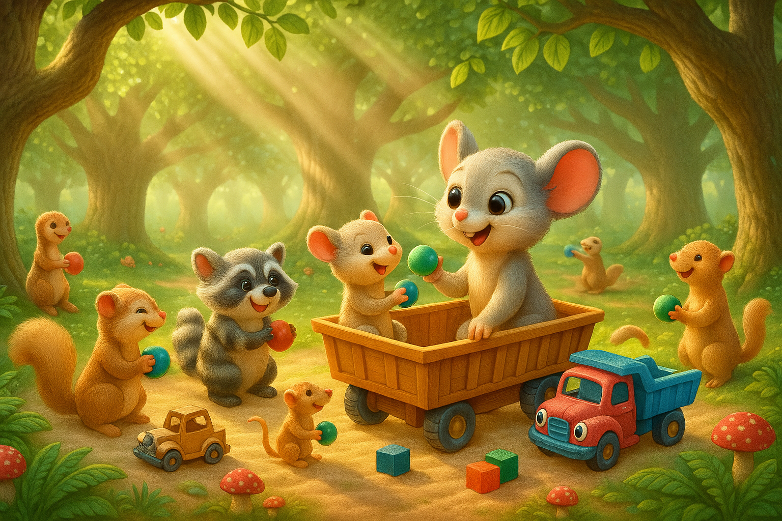 A group of animals are playing with toys in a forest.