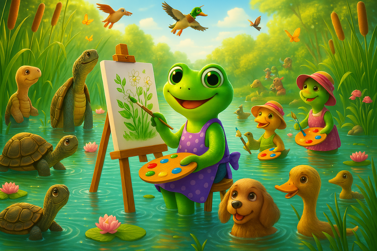 A frog is painting on an easel in a pond surrounded by turtles and ducks.