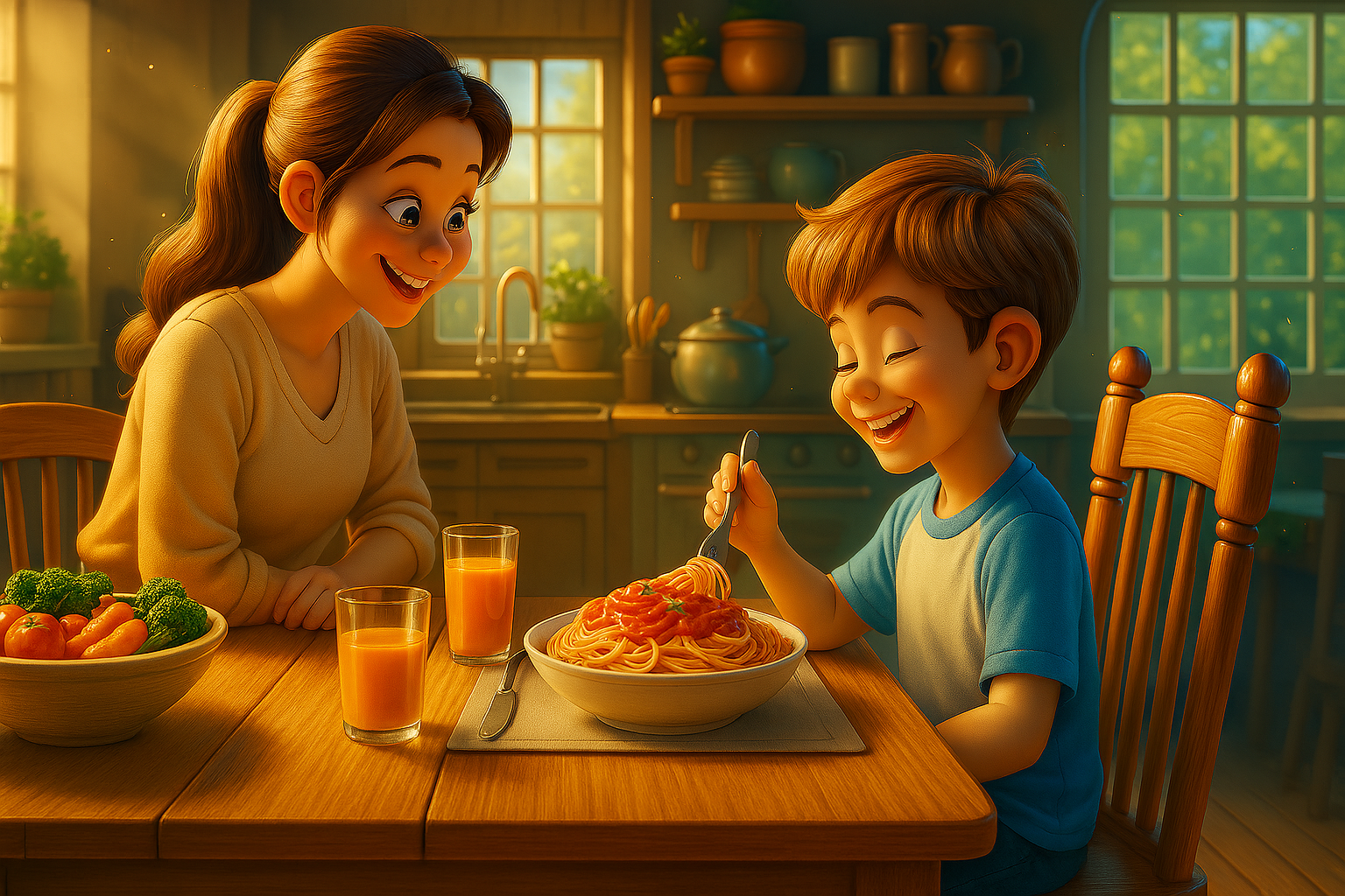 A woman and a child are sitting at a table eating a hamburger.
