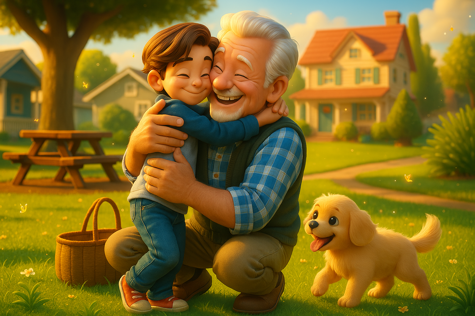 An elderly man is sitting on the grass with a young boy and a puppy.