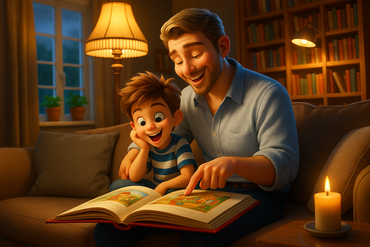 A man and a boy are sitting on a couch reading a book together.
